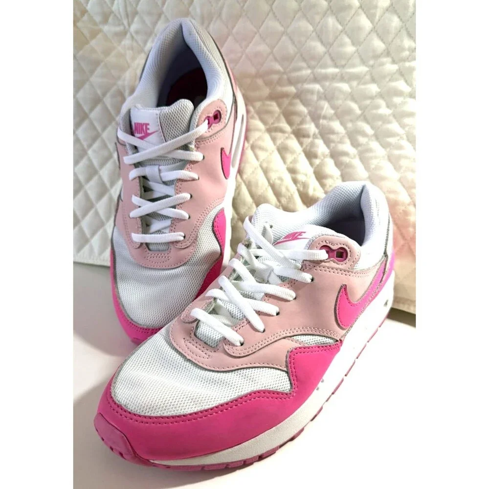 NIKE Kids Air Max 1 Sneaker Shoes White Pink FZ3559-100 Size 6.5Y / Big Kids